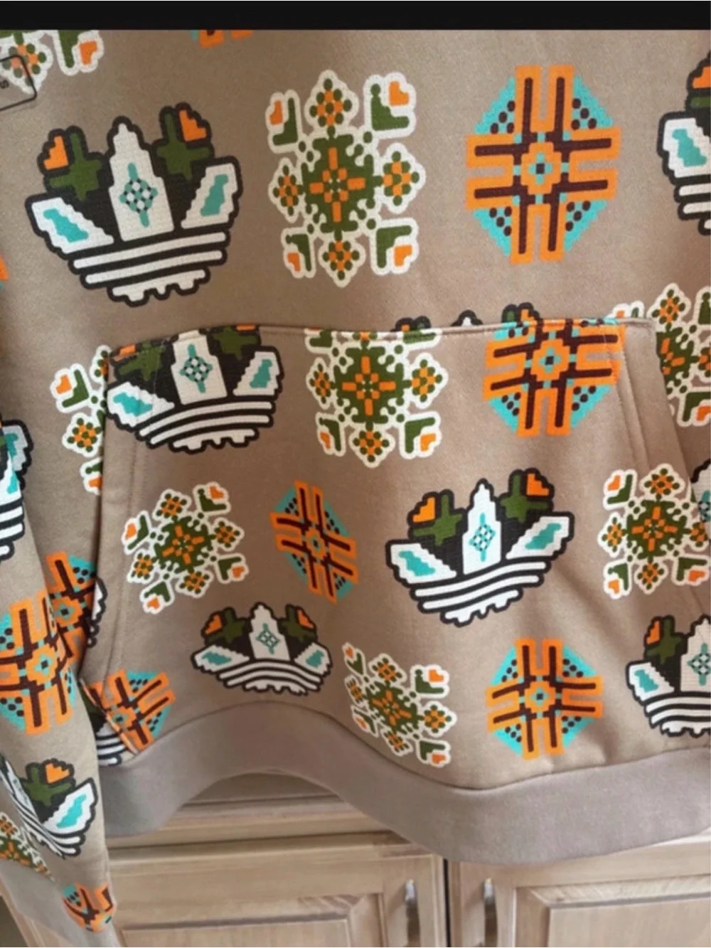 adidas tile Lego Taupe Hoodie with Orange, Green & White Geometric Floral Print